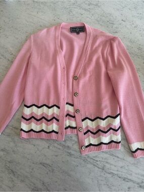 St. John Pink Chevron-Trim V-Neck Cardigan